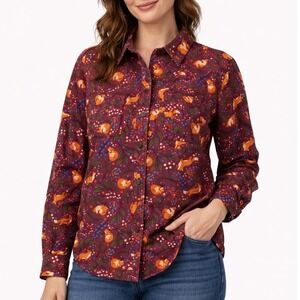 Duluth Trading Free Swingin Flannel Fox Print Button Up Shirt Women's Small Red